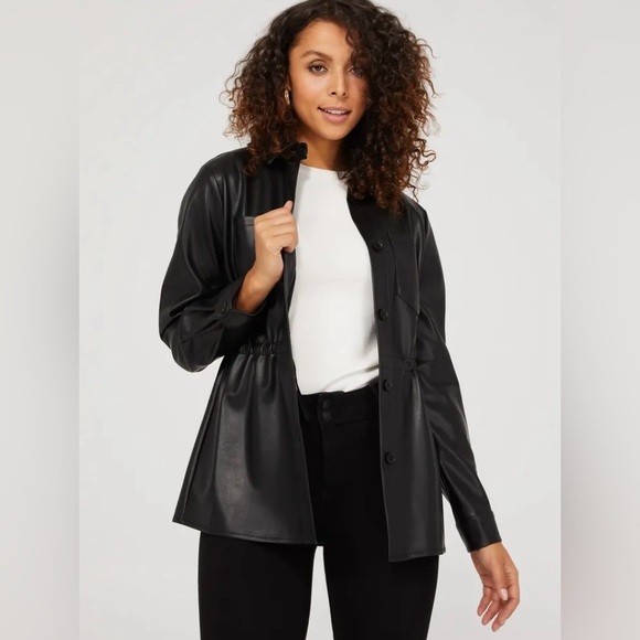 SUZY SHIER Faux Leather Oversized Drawstring Jacket with Pockets - Picture 2 of 4